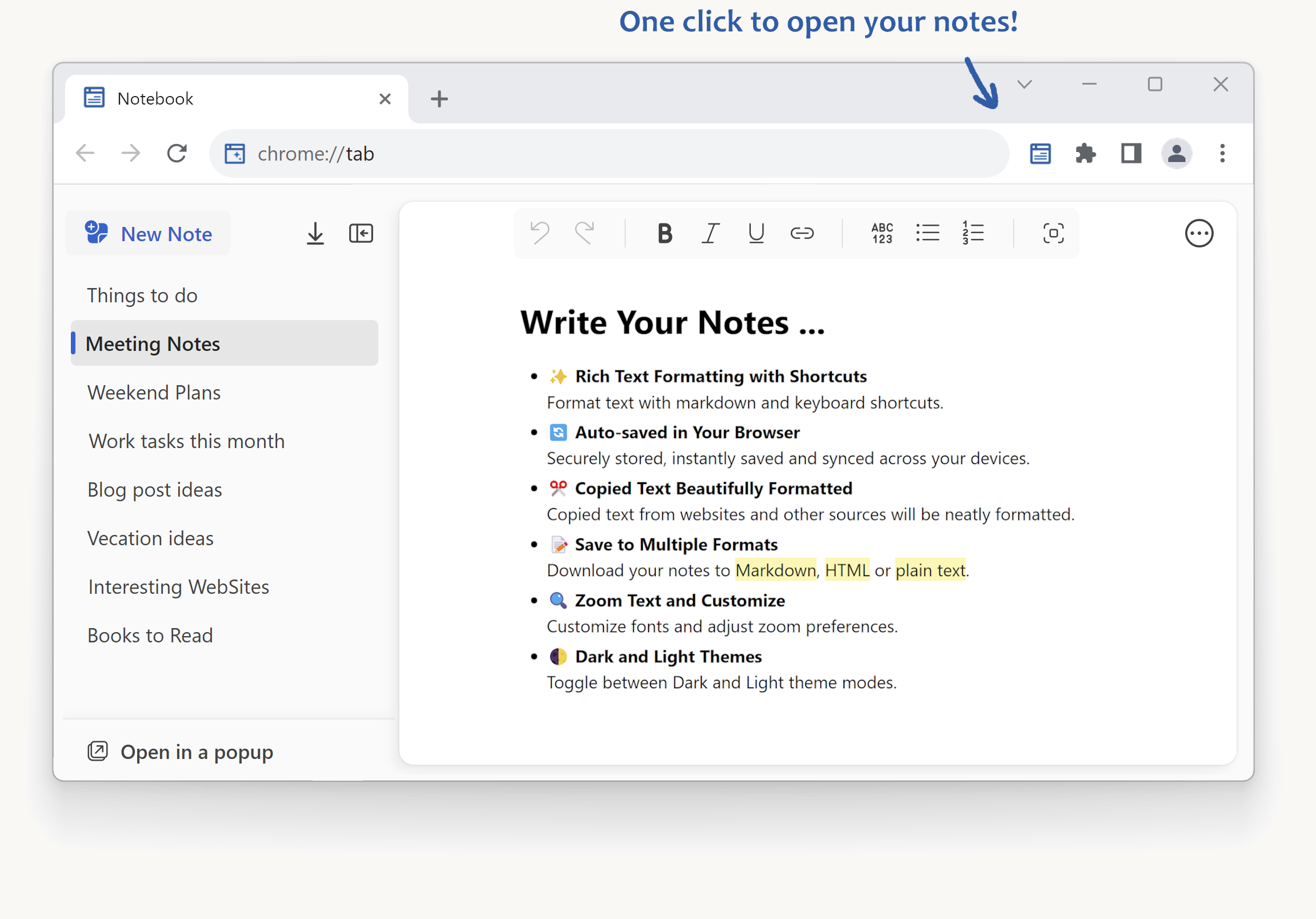 Notebook extension text editor inside new tab in Chrome